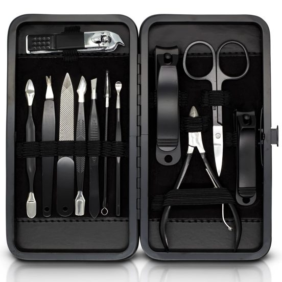 Nail Clippers Set - Black Stainless 12 in 1 For Men And Women Manicure Pedicure Travel Kit Luxury Nail File Sharp Nail Scissors Fingernails Toenails with Portable Stylish Case