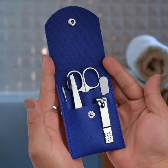 Travel Manicure Set Professional Nail Clipper Kit-5 Pieces Stainless Steel Manicure Kit, Women Men Grooming kit With Nail Care Tools Beauty Scissors Tweezers (Silver Blue)